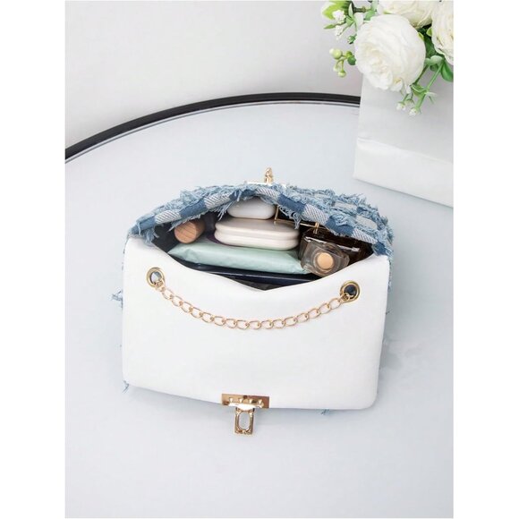 Women's Distressed Denim Crossbody Bag Mini Purse with Chain and Twist Lock - Picture 6 of 6